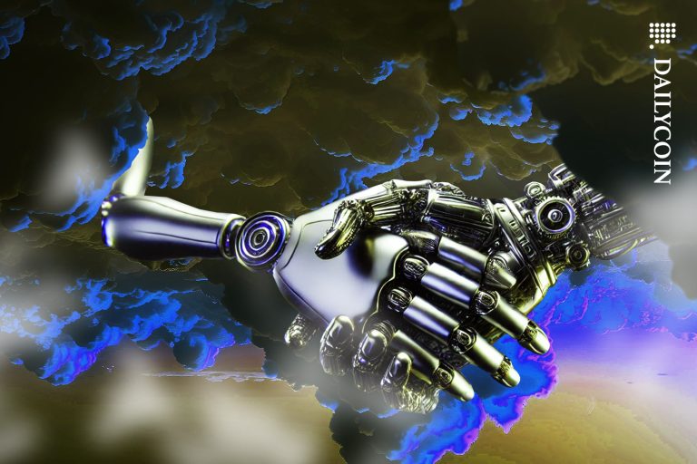 HBAR Price Flat As $28B Tech Giant Joins Hedera Council Two robots shaking hands in the clouds.