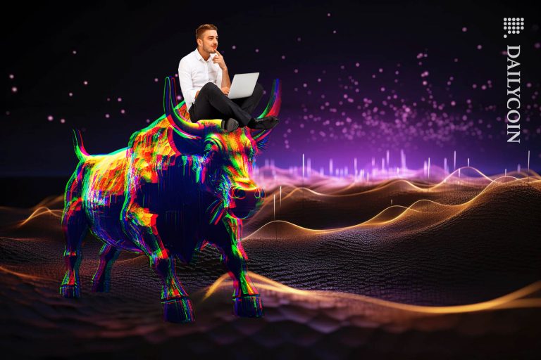 TD Sequential Boosts Algorand (ALGO): $1 Pop Off Or Flop? Young man smiling and thinking, whilst sitting on a digital bull riding through an alien digital landscape.
